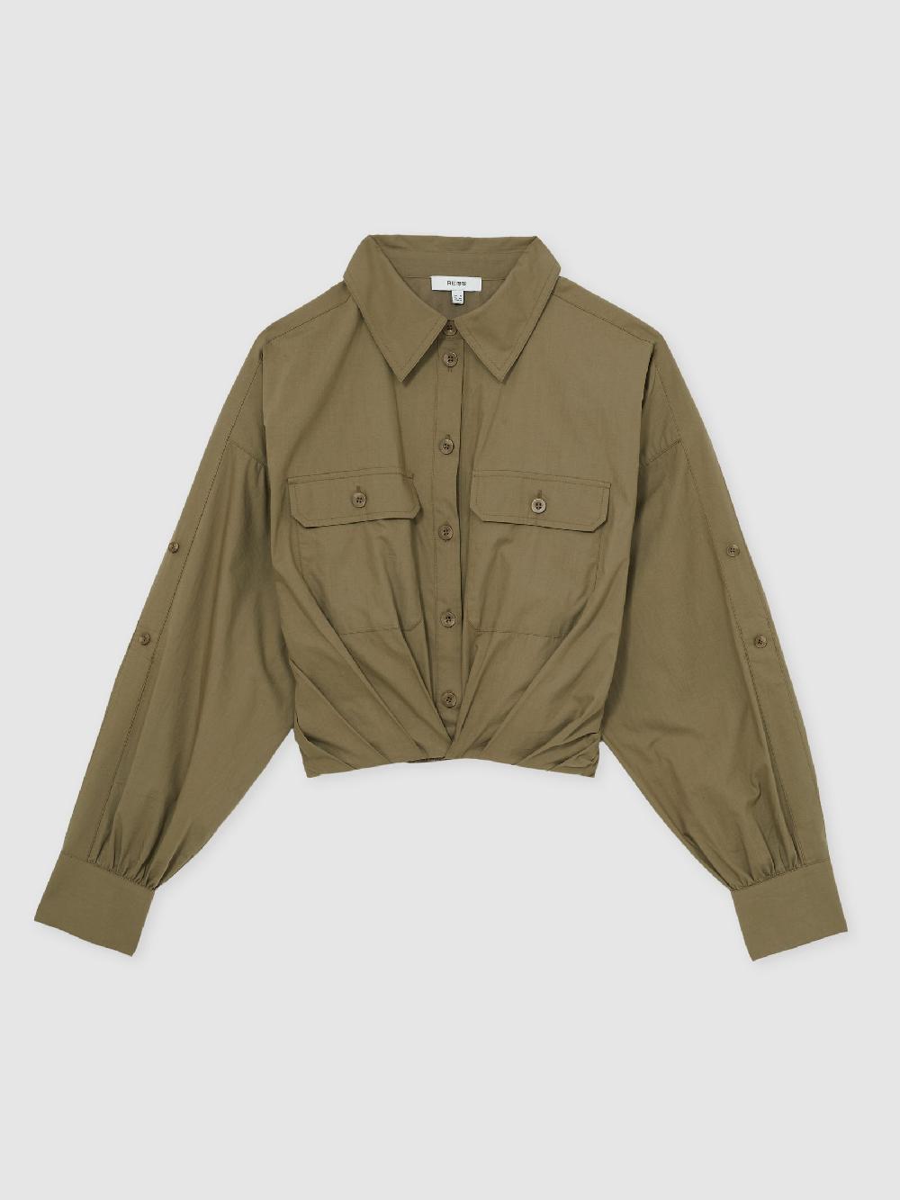 Reiss Pleat-Hem Cropped Shirt In Khaki