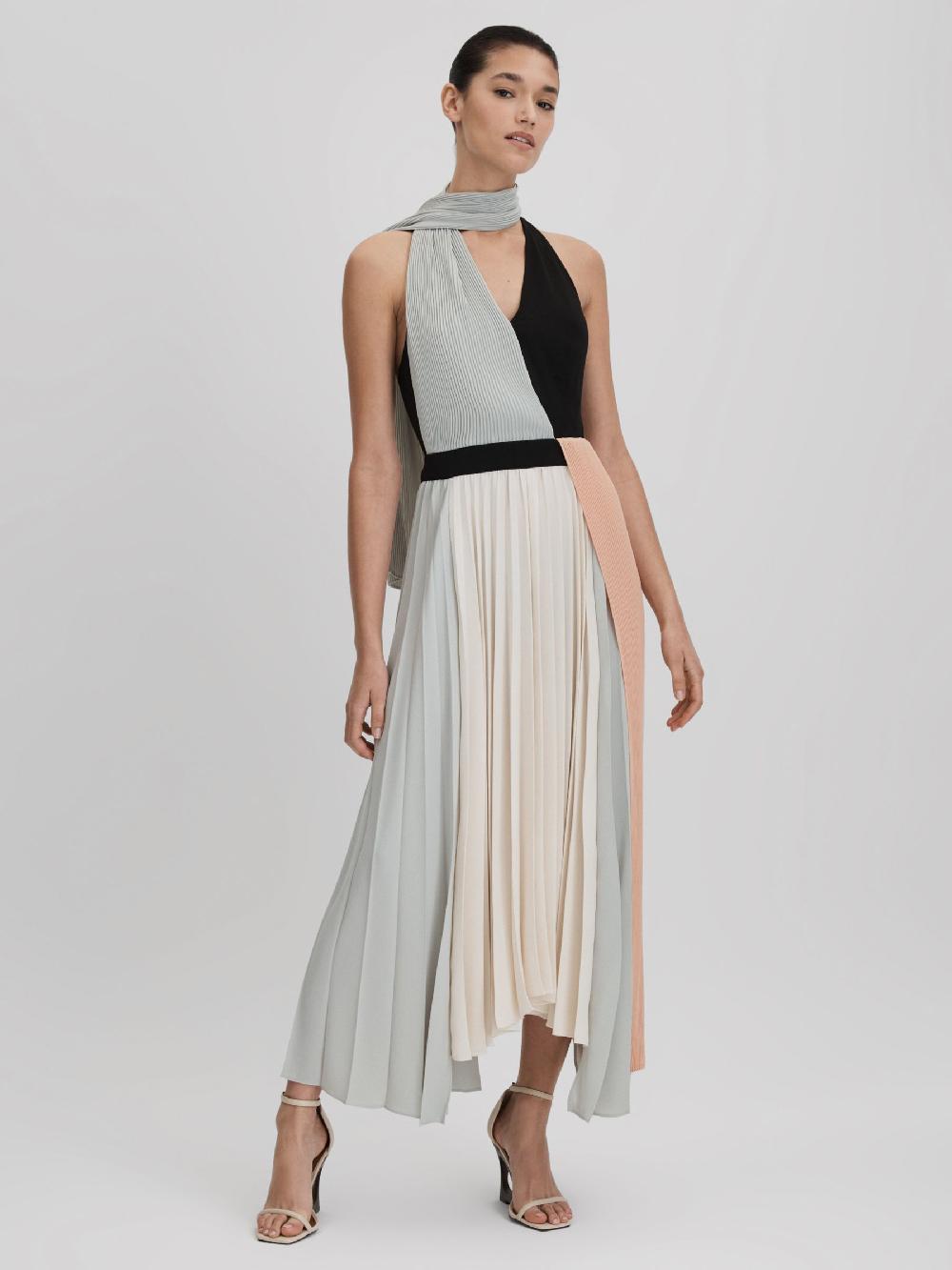 Reiss Pleated Asymmetric Midi Dress In Pink/Cream