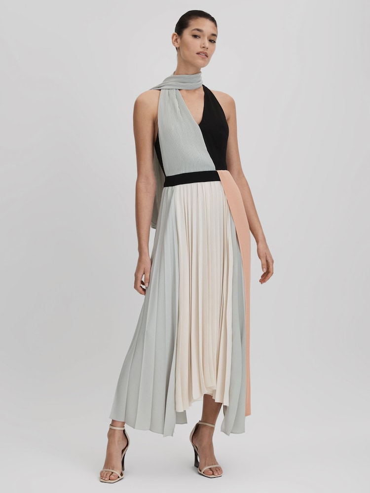 reiss Pleated Asymmetric Midi Dress in Pink/Cream