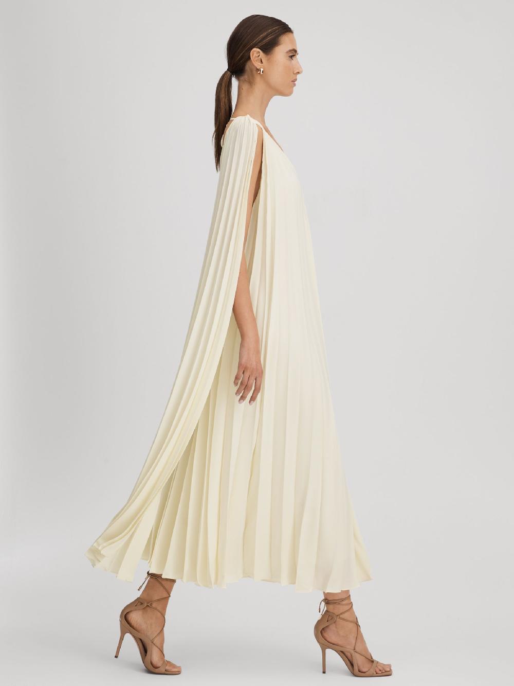 Reiss Pleated Cape Sleeve Midi Dress In Lemon