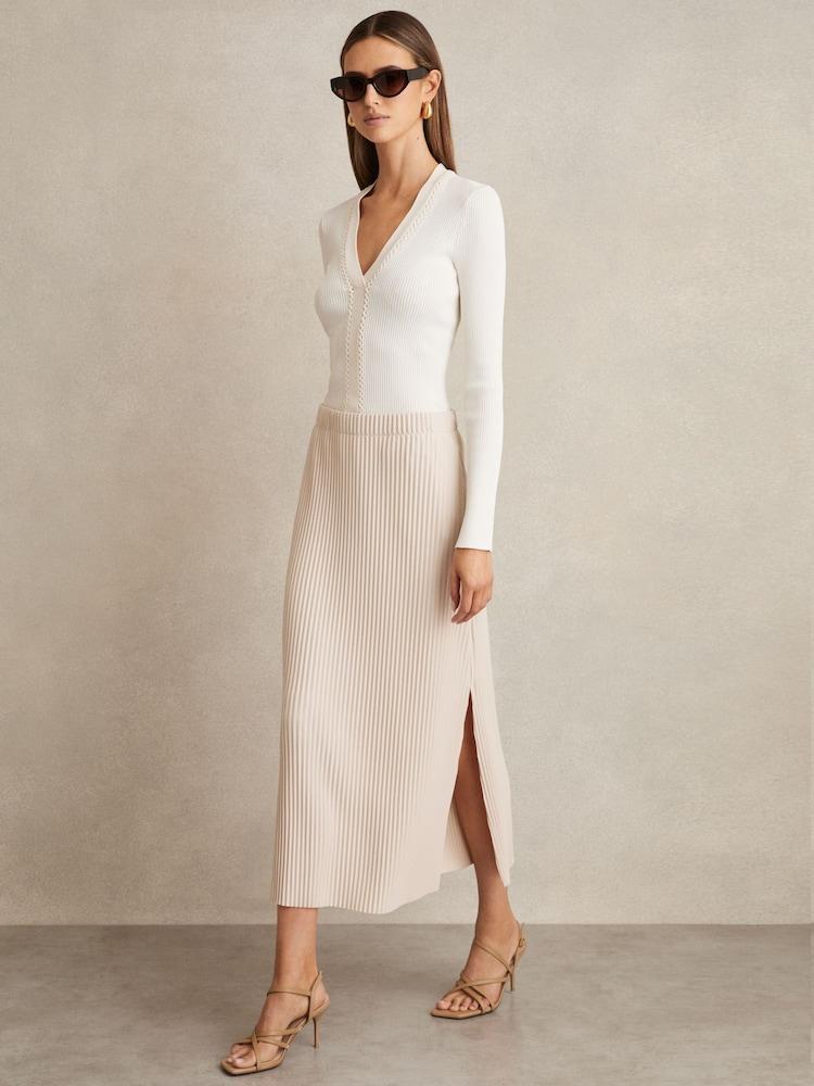reiss Pleated Jersey Midi Skirt in Stone