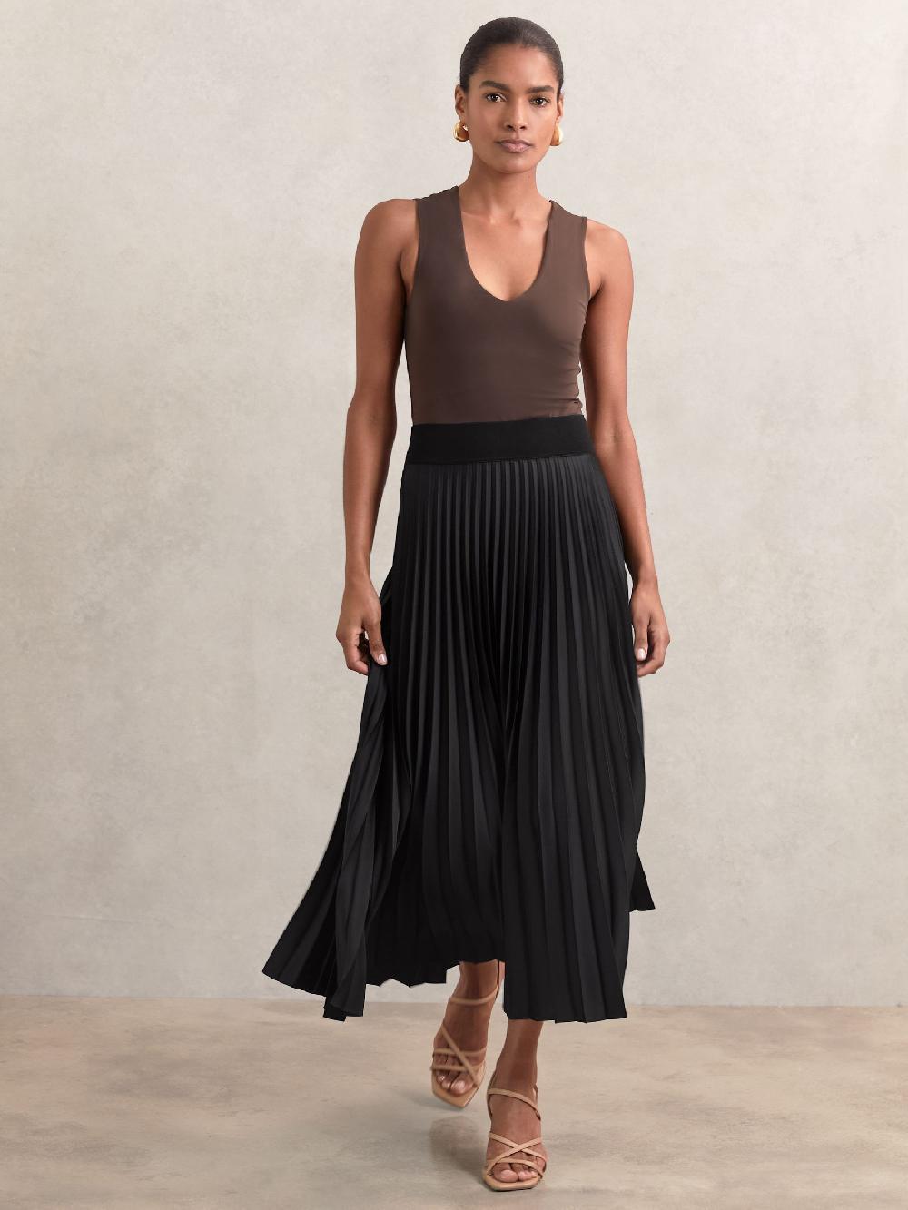 Reiss Pleated Midi Skirt In Black