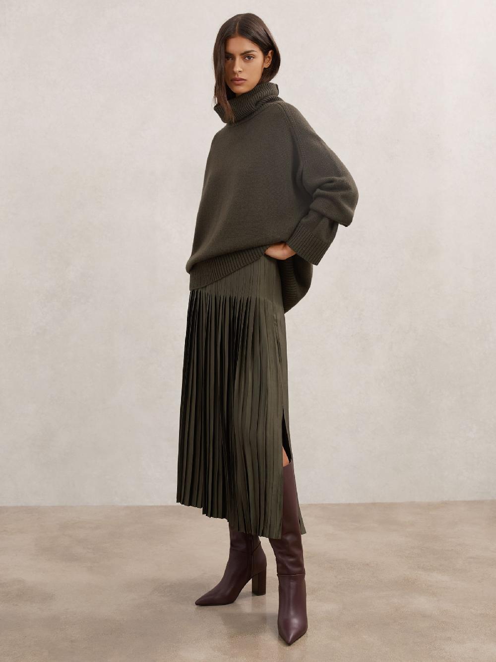 Reiss Pleated Midi Skirt In Khaki Green