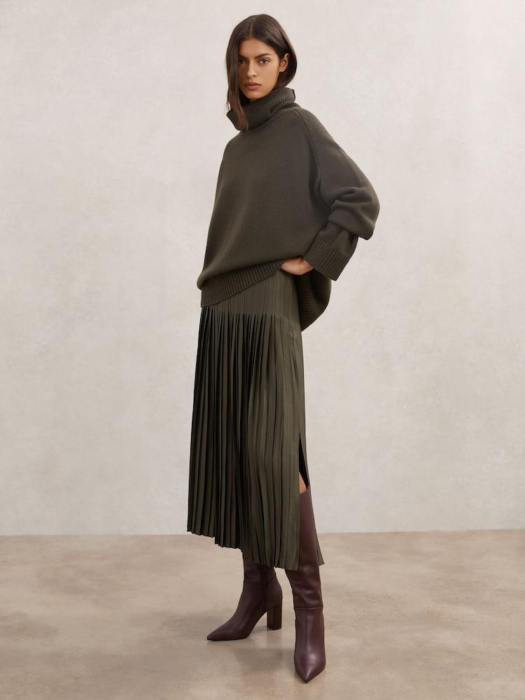 reiss Pleated Midi Skirt in Khaki Green