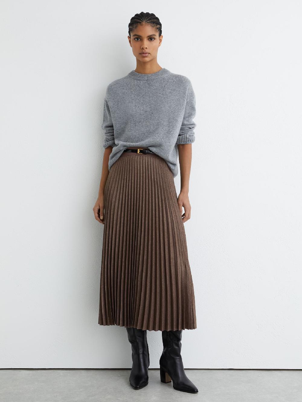 Reiss Pleated Midi Skirt In Mocha Brown