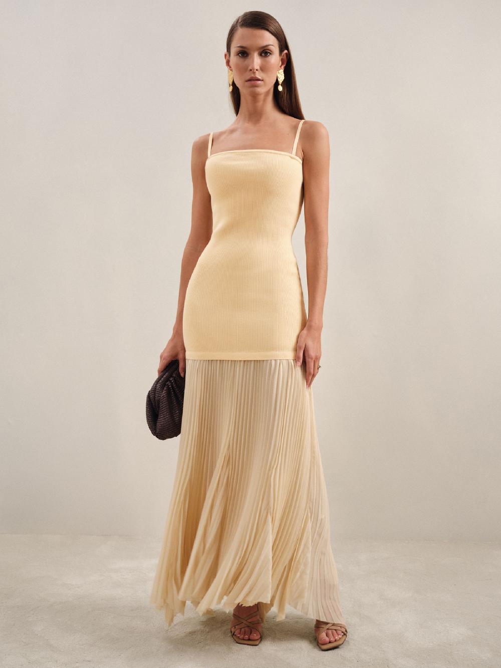 Reiss Pleated Skirt Ribbed Midi Dress In Yellow