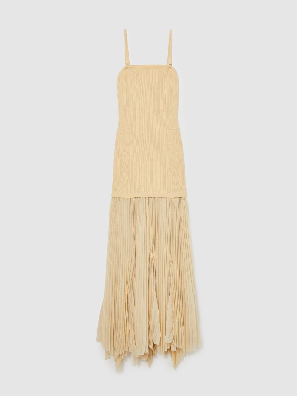 Reiss Pleated Skirt Ribbed Midi Dress In Yellow