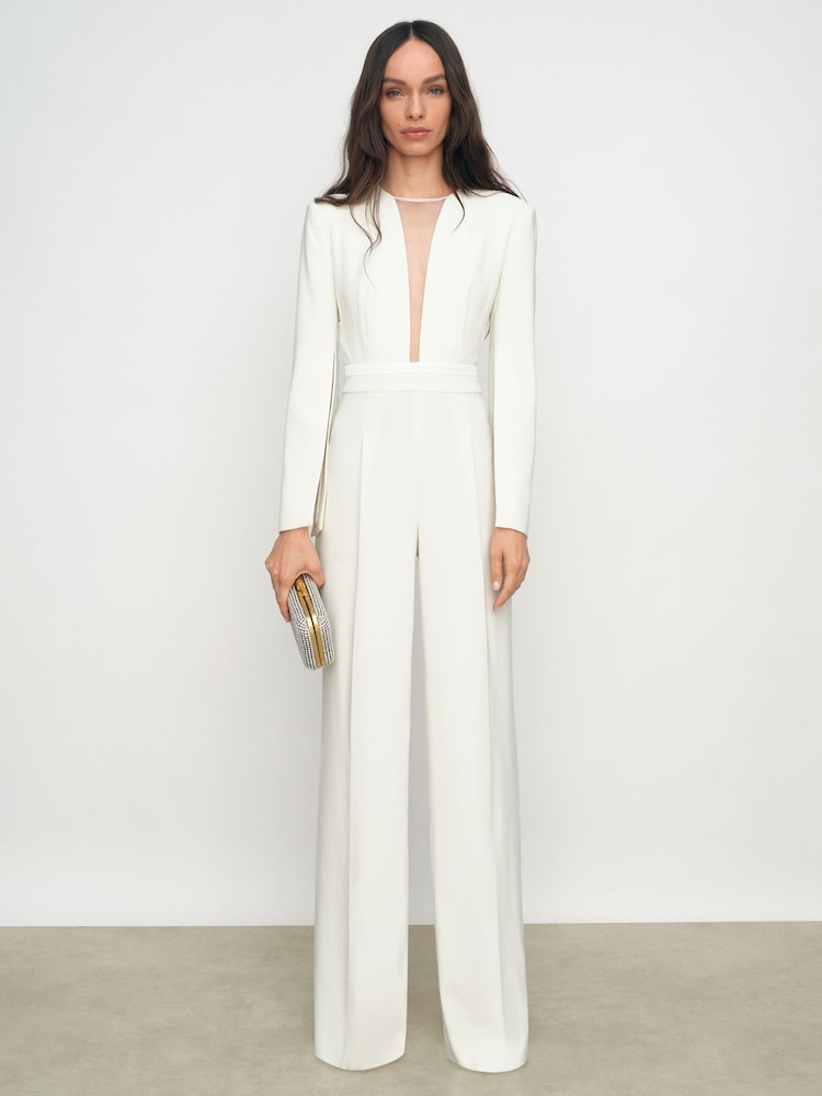 reiss Plunge-Neck Split-Sleeve Jumpsuit in Ivory
