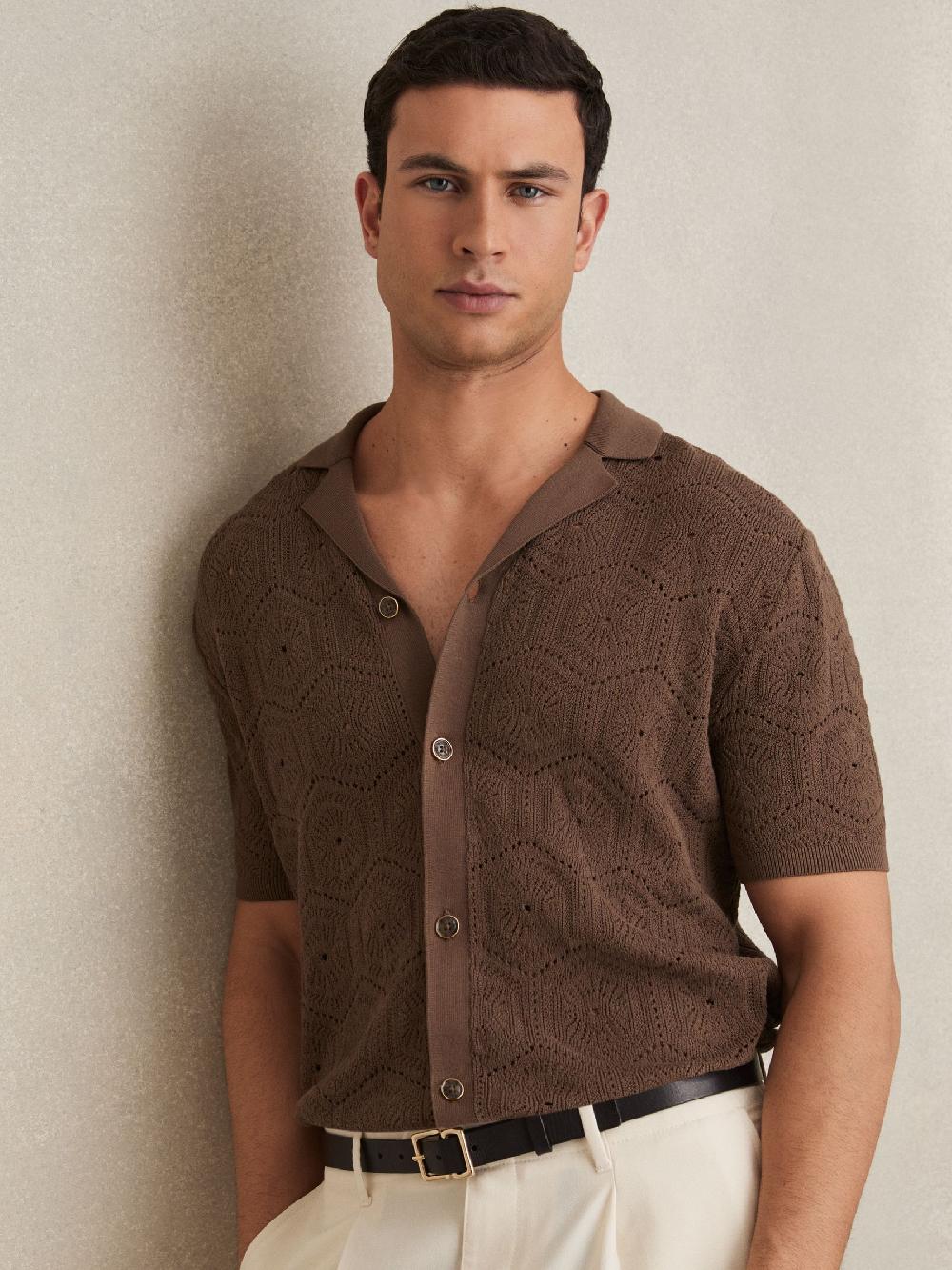 Reiss Pointelle Button-Through Shirt In Brown