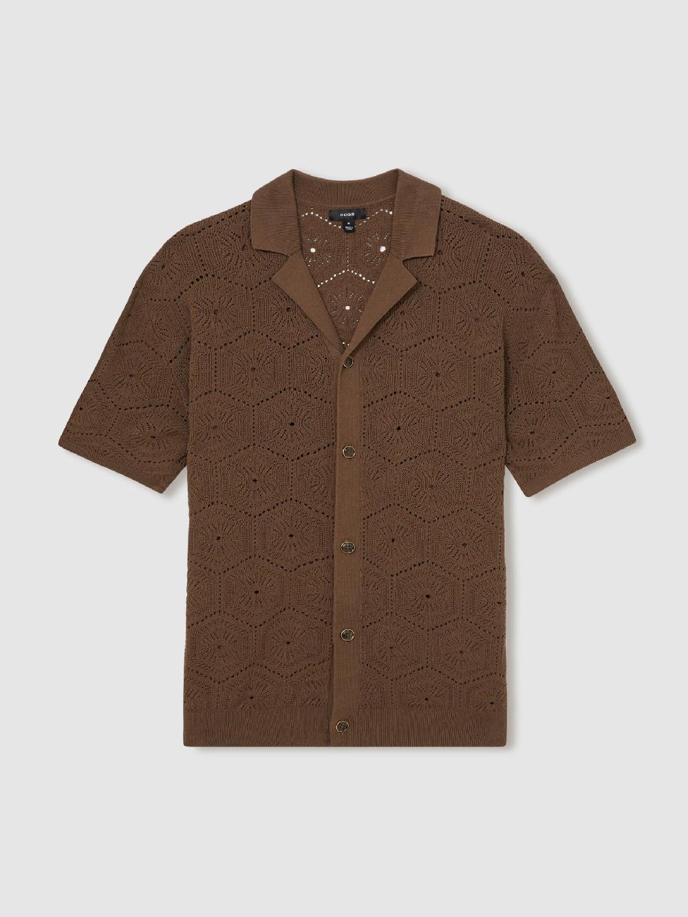 Reiss Pointelle Button-Through Shirt In Brown