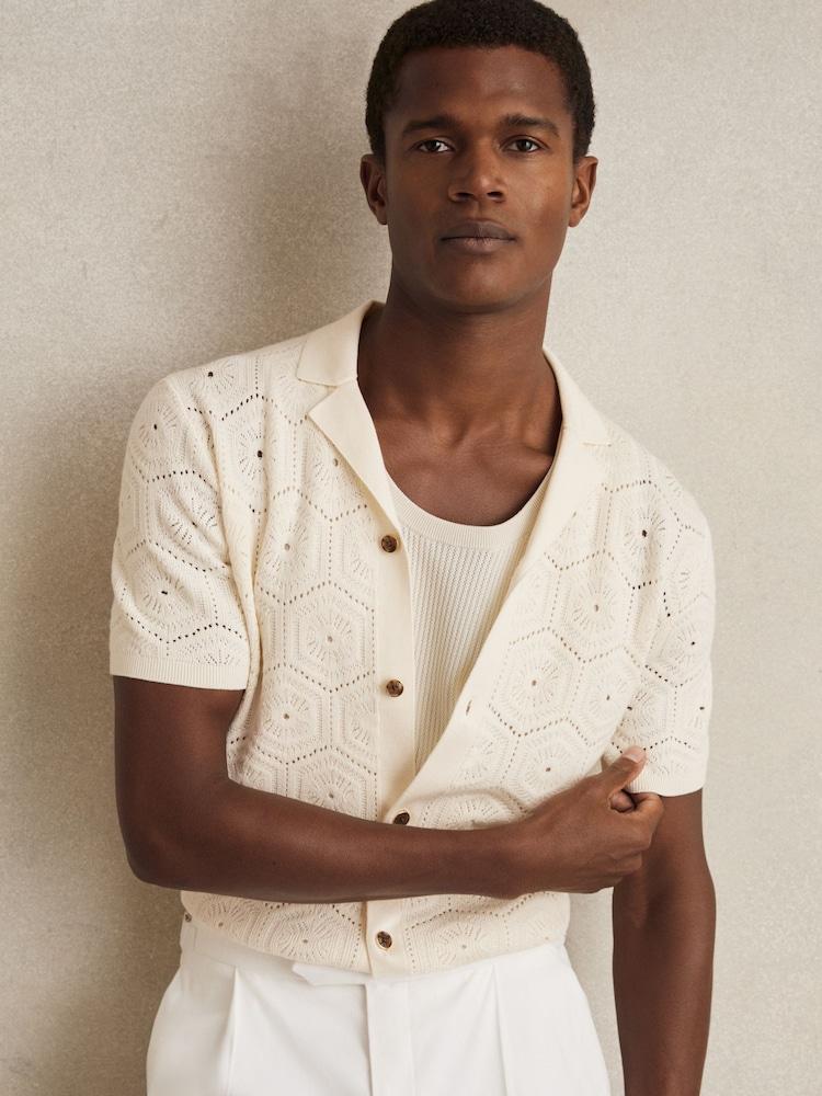 reiss Pointelle Button-Through Shirt in Off White