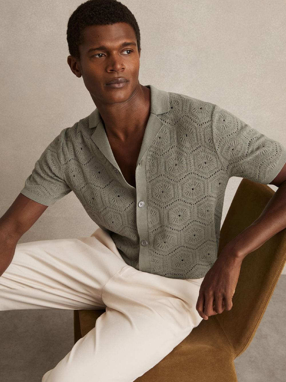 Reiss Pointelle Button-Through Shirt In Sage Green