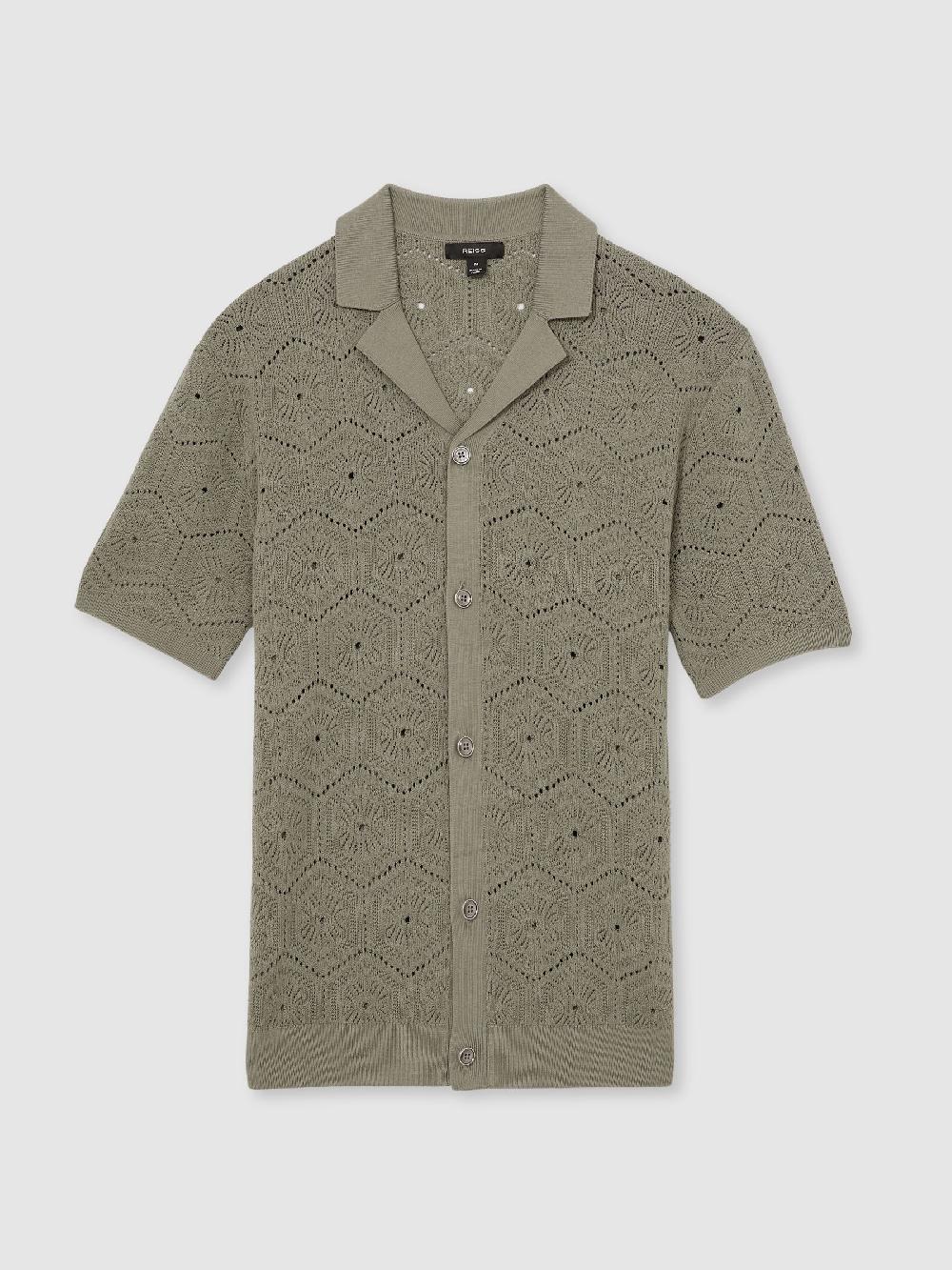 Reiss Pointelle Button-Through Shirt In Sage Green