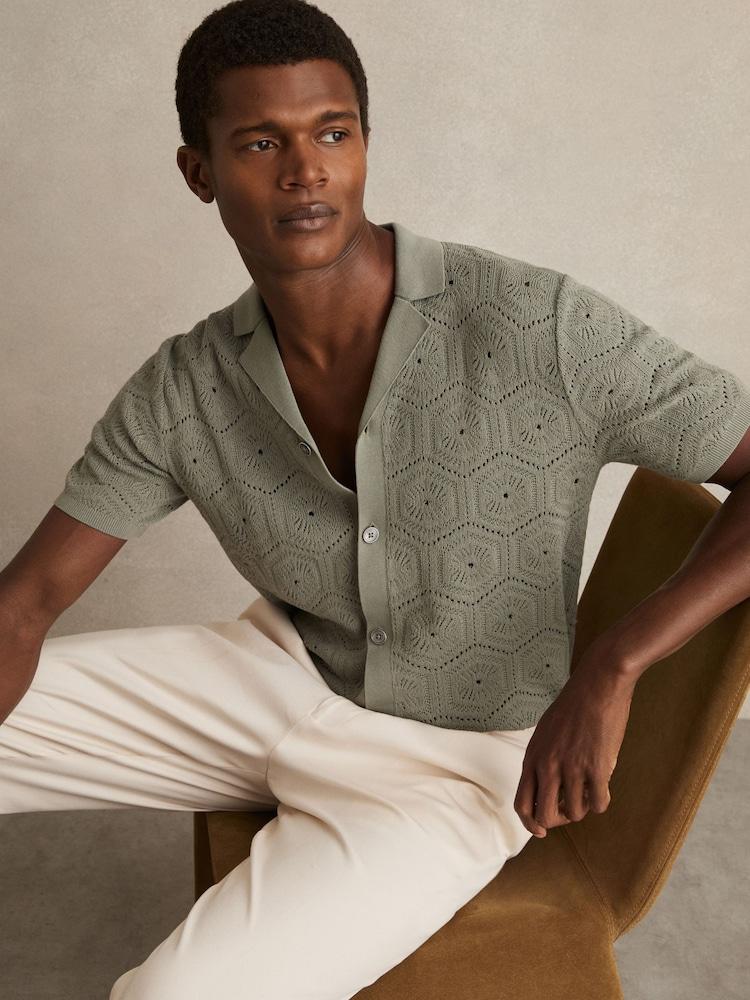 reiss Pointelle Button-Through Shirt in Sage Green