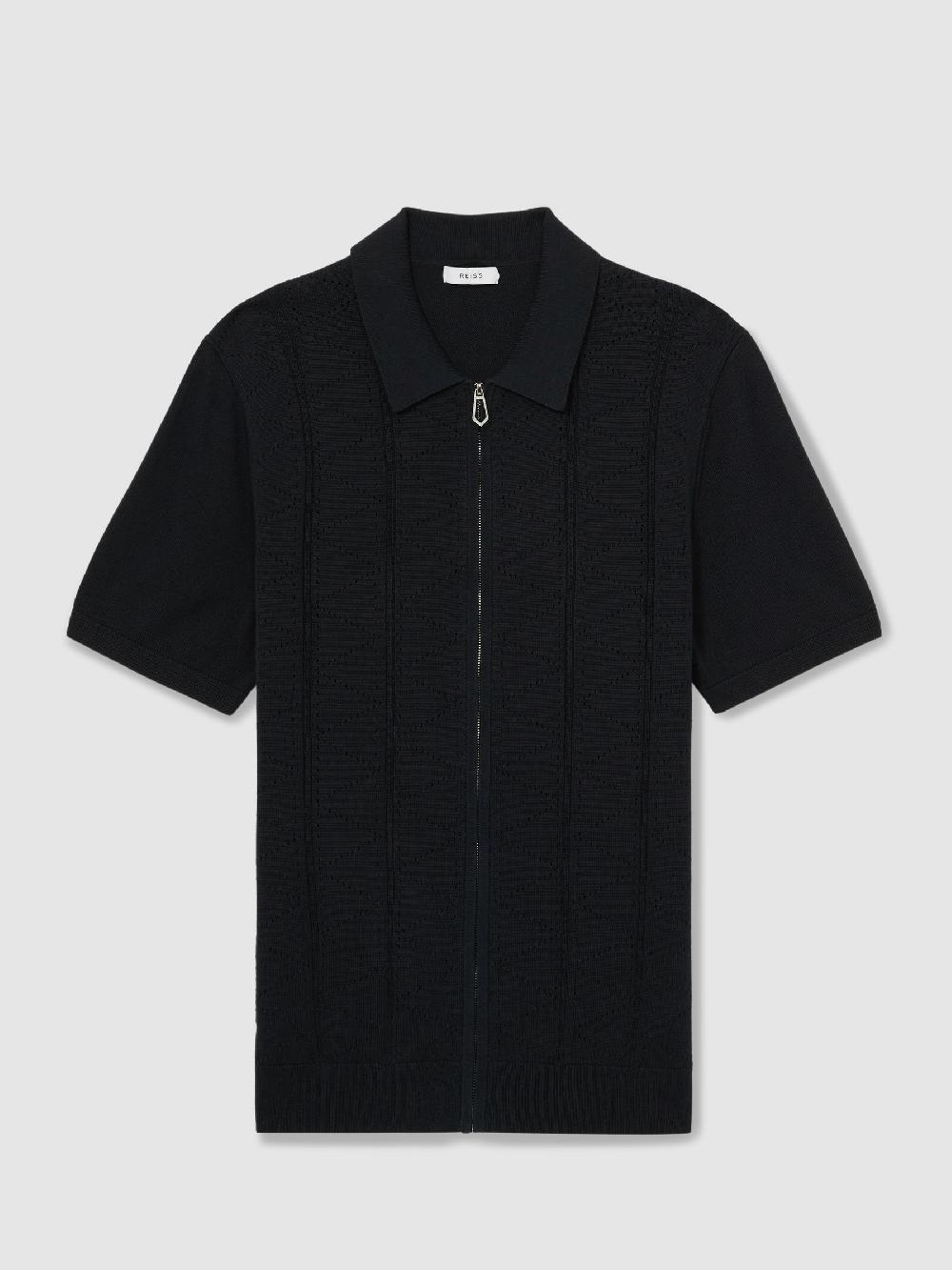 Reiss Pointelle-Knit Zip-Through Shirt In Navy