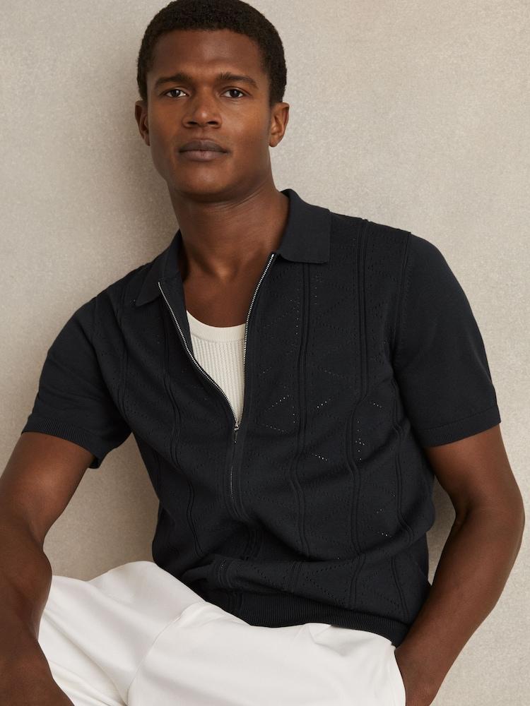 reiss Pointelle-Knit Zip-Through Shirt in Navy