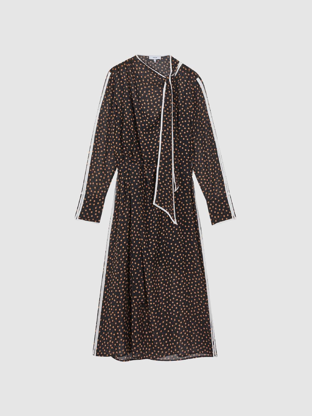 Reiss Polka Dot Tie Neck Midi Dress In Black/Brown