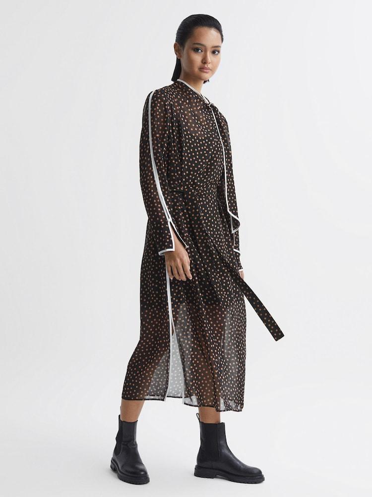 reiss Polka Dot Tie Neck Midi Dress in Black/Brown