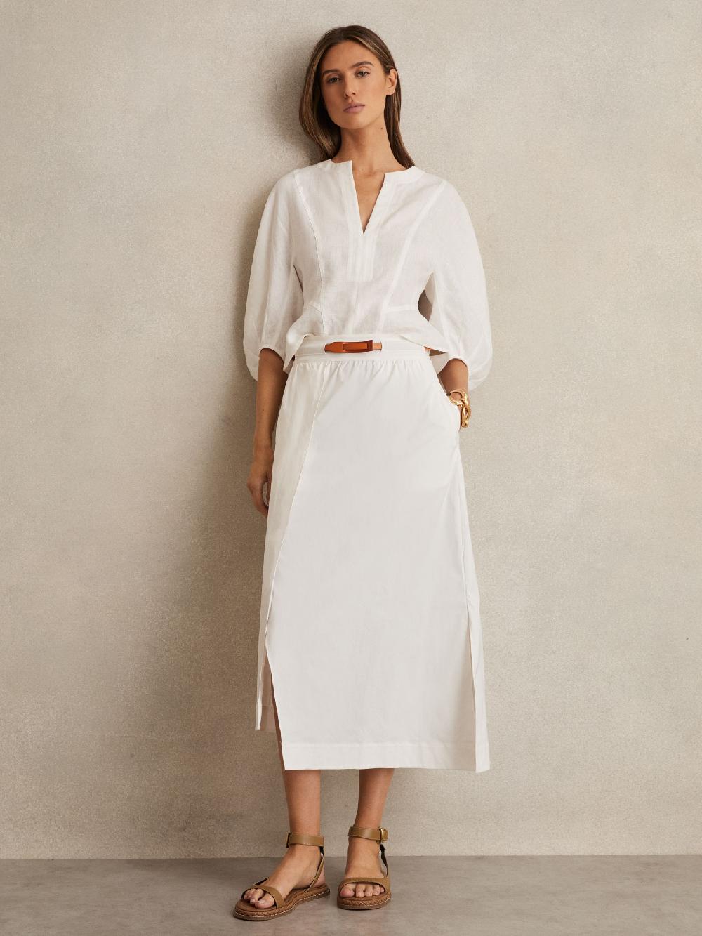 Reiss Poplin Belted Split Midi Skirt In Ivory