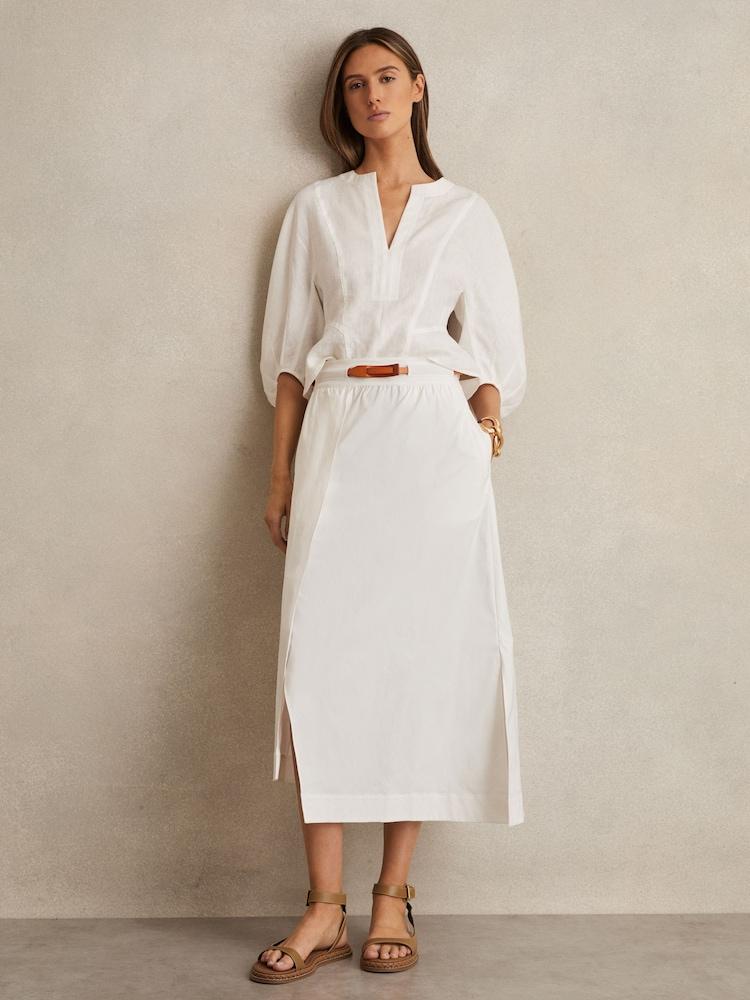 reiss Poplin Belted Split Midi Skirt in Ivory