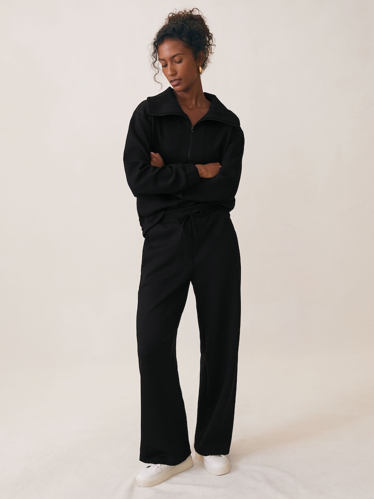 reiss Premium Interlock Wide-Leg Joggers in Black