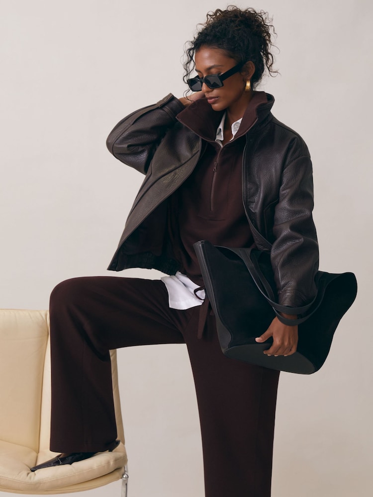 reiss Premium Interlock Wide-Leg Joggers in Plum