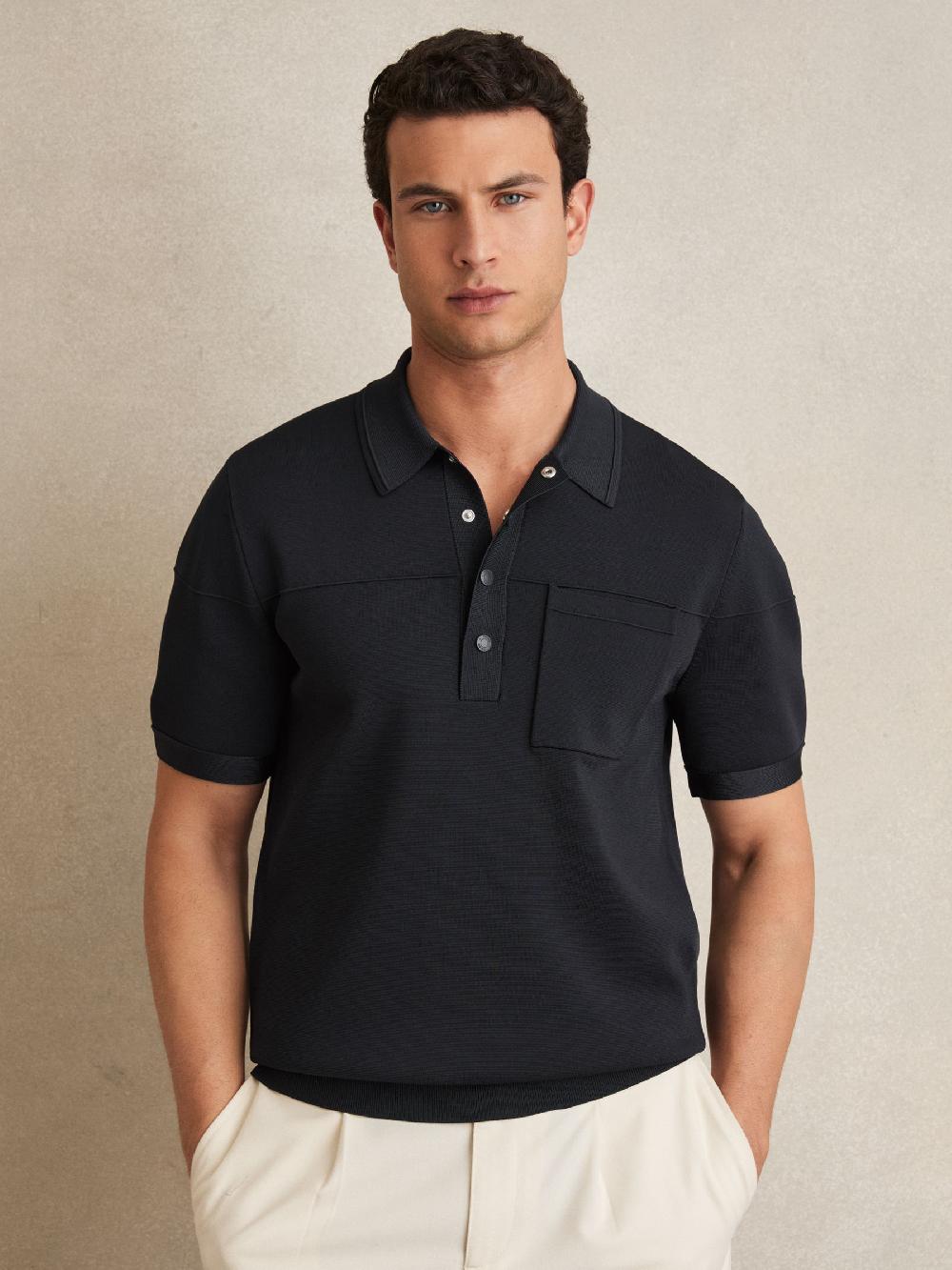 Reiss Press-Stud Seam-Detail Polo Shirt In Navy