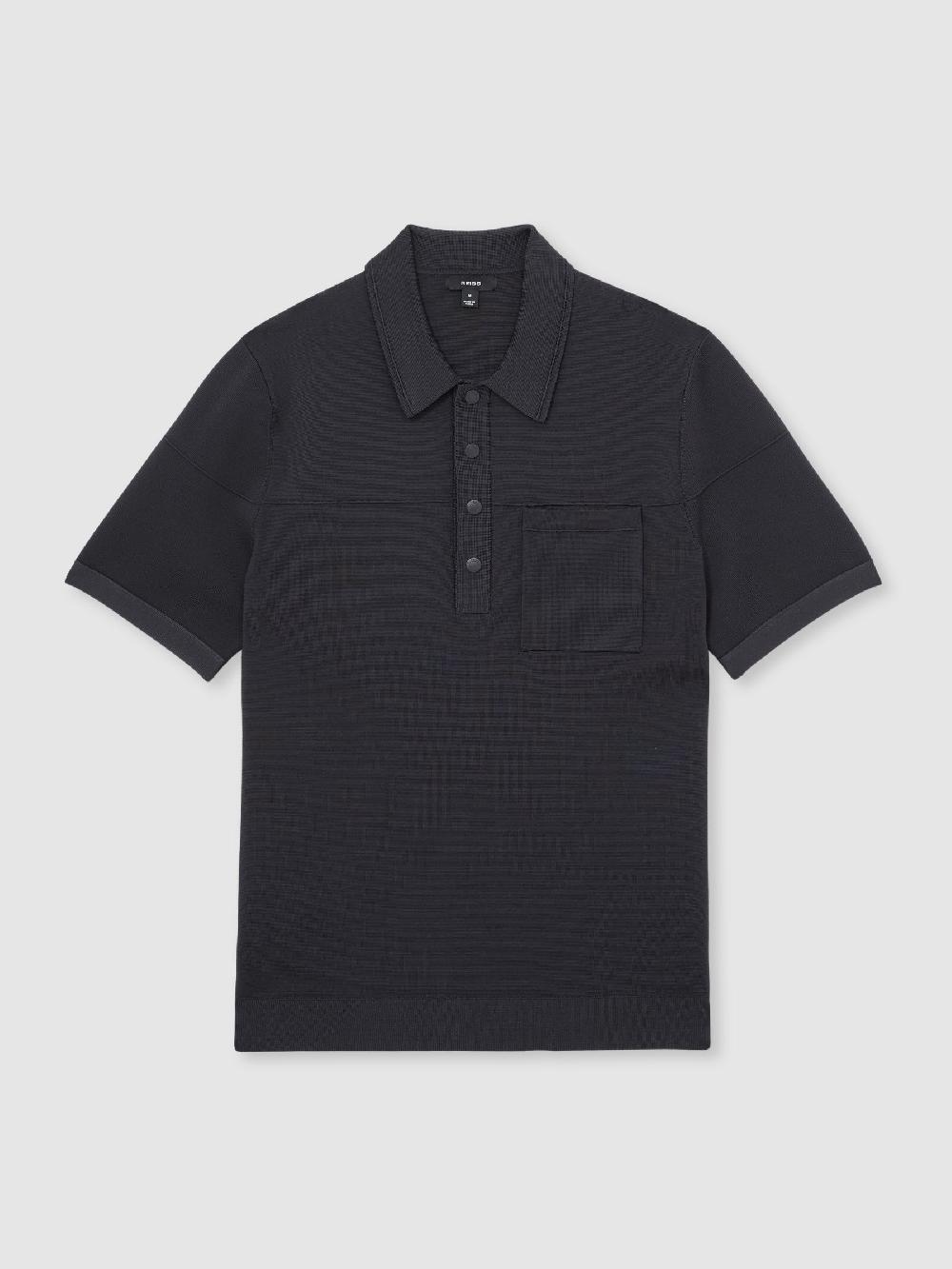 Reiss Press-Stud Seam-Detail Polo Shirt In Navy