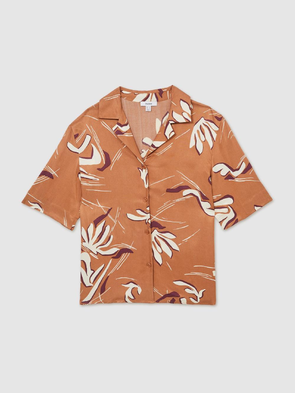 Reiss Printed Cuban-Collar Shirt In Rust