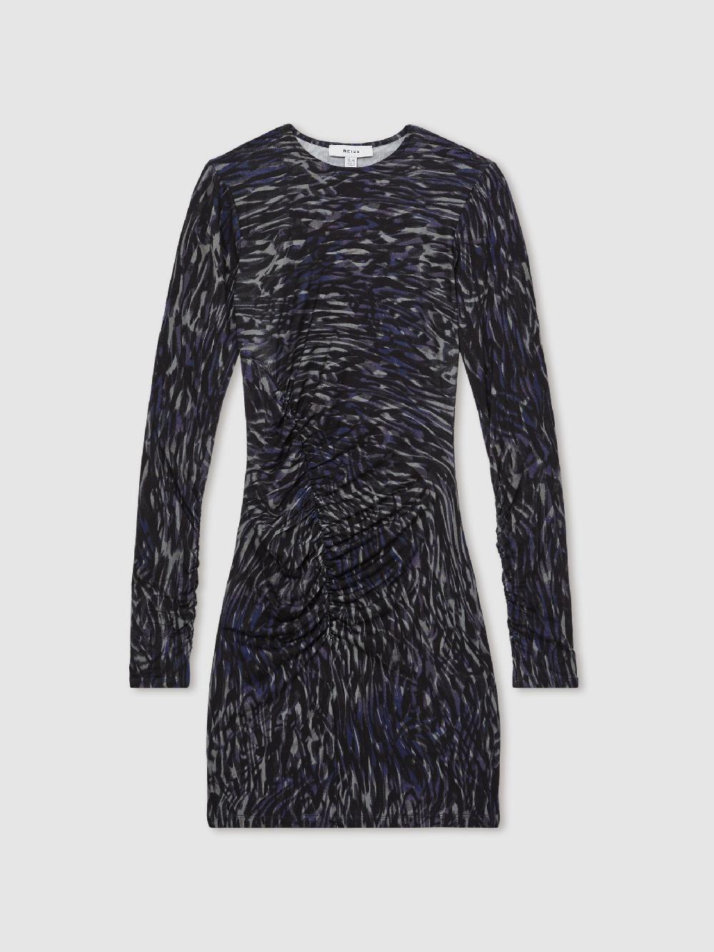 Reiss Printed Jersey Ruched Mini Dress In Charcoal