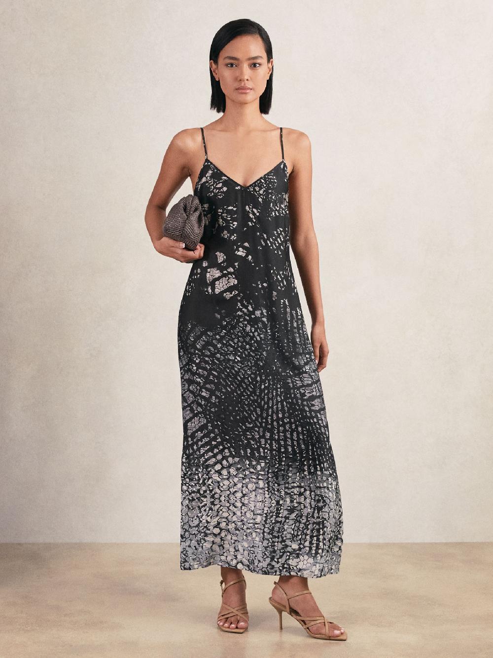 Reiss Printed Maxi Slip Dress In Navy