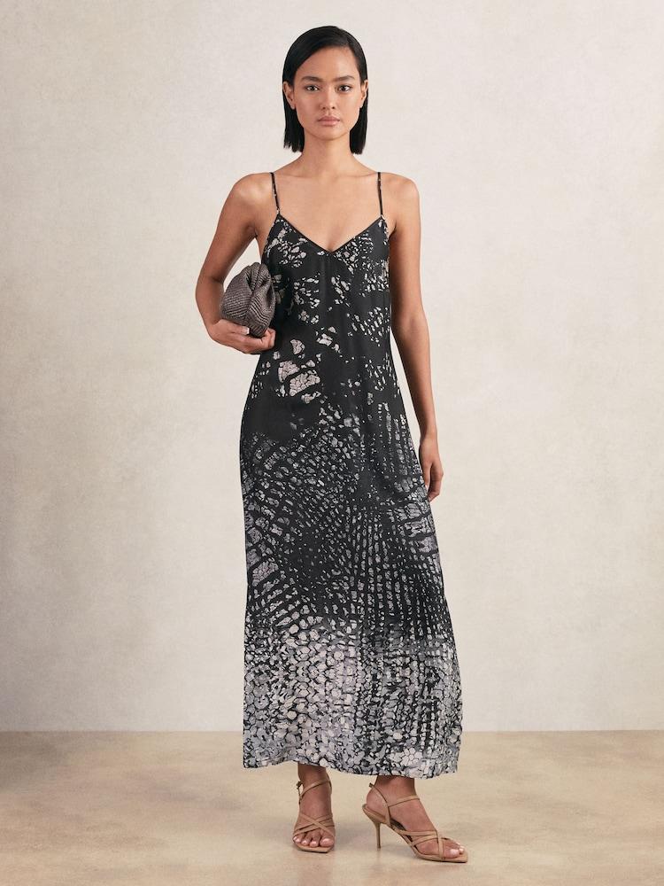 reiss Printed Maxi Slip Dress in Navy