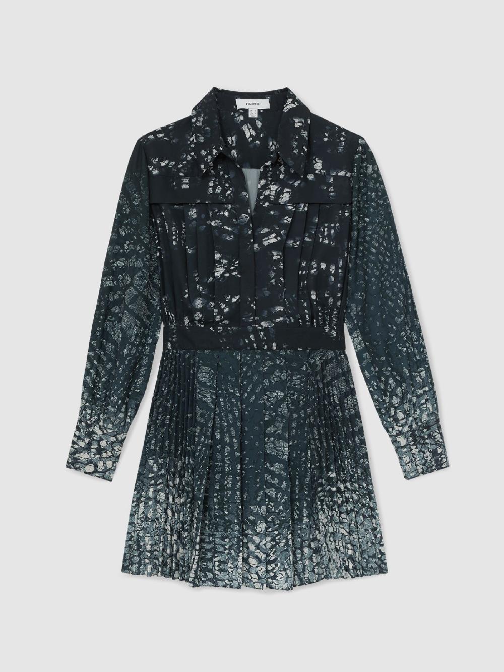 Reiss Printed Pleated Shirt Dress In Navy