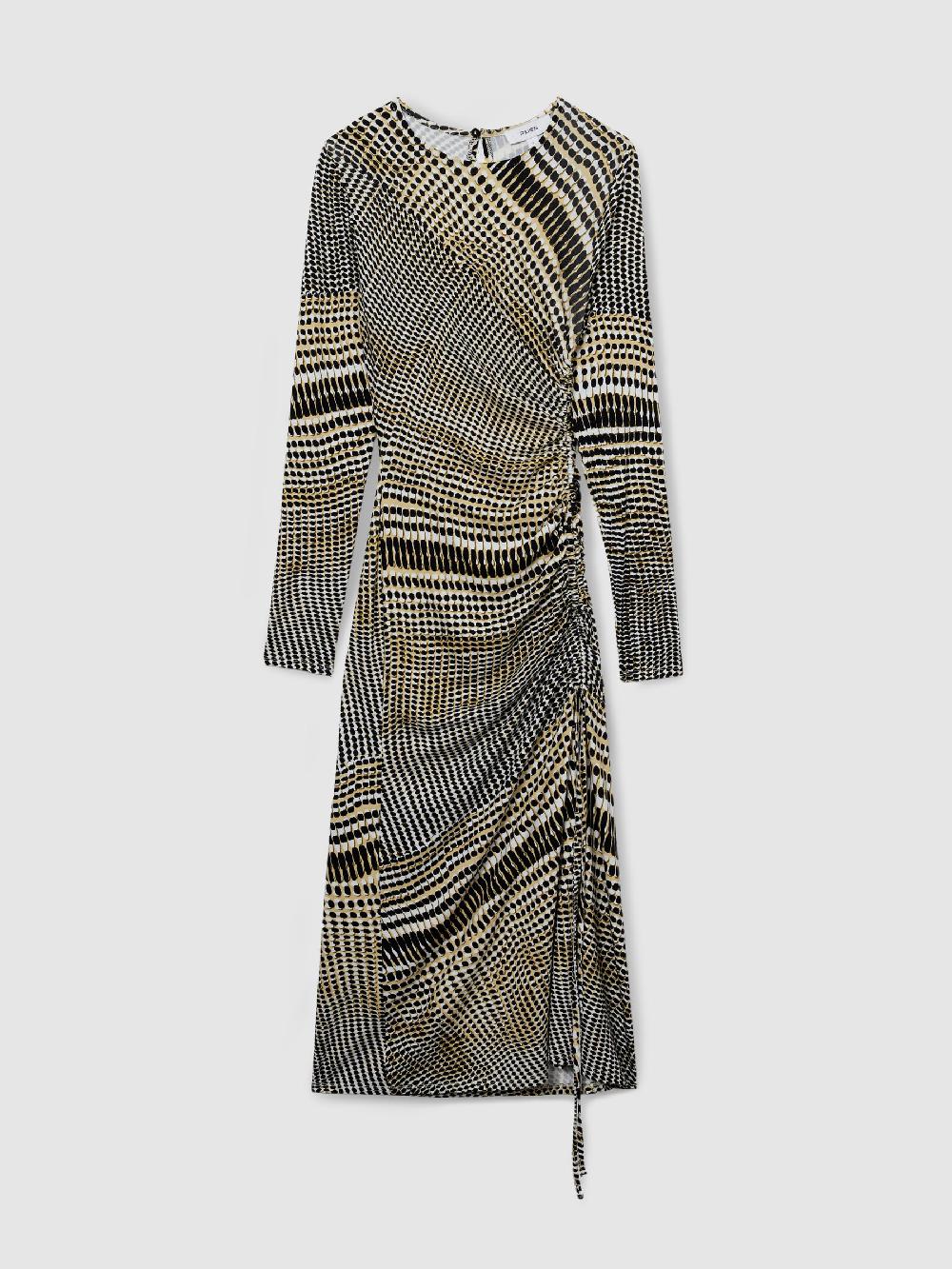 Reiss Printed Ruched Midi Dress In Black/Olive