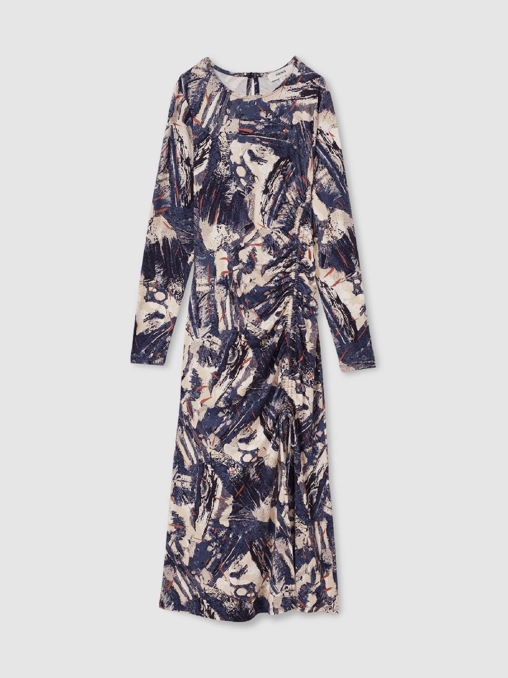 Reiss Printed Ruched Midi Dress In Navy/Neutral
