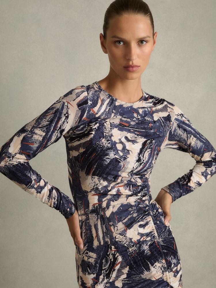reiss Printed Ruched Midi Dress in Navy/Neutral