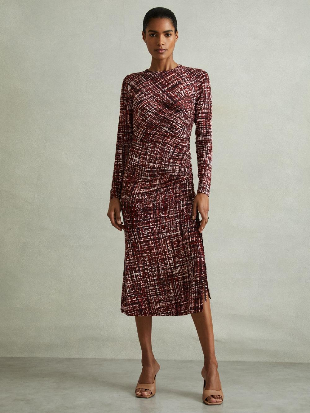 Reiss Printed Ruched Midi Dress In Red