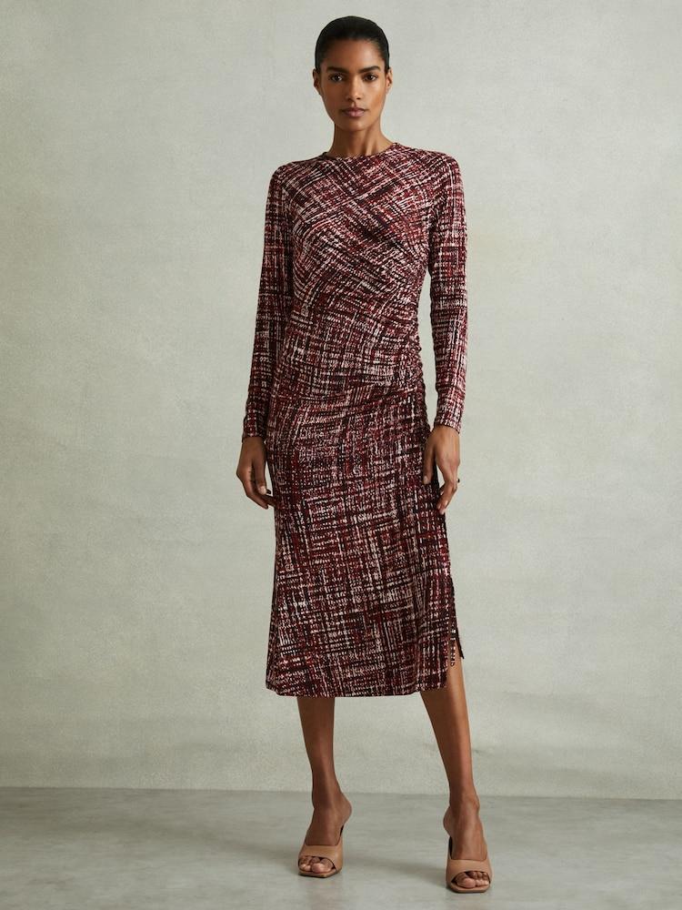 reiss Printed Ruched Midi Dress in Red