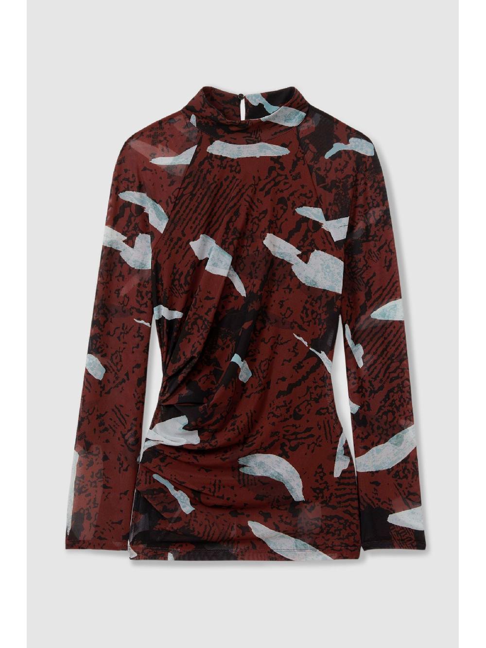 Reiss Printed Ruched Top In Burgundy
