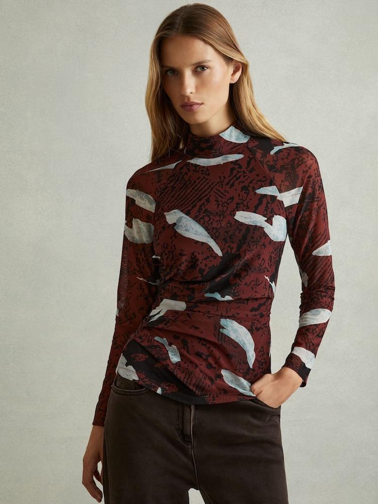 reiss Printed Ruched Top in Burgundy