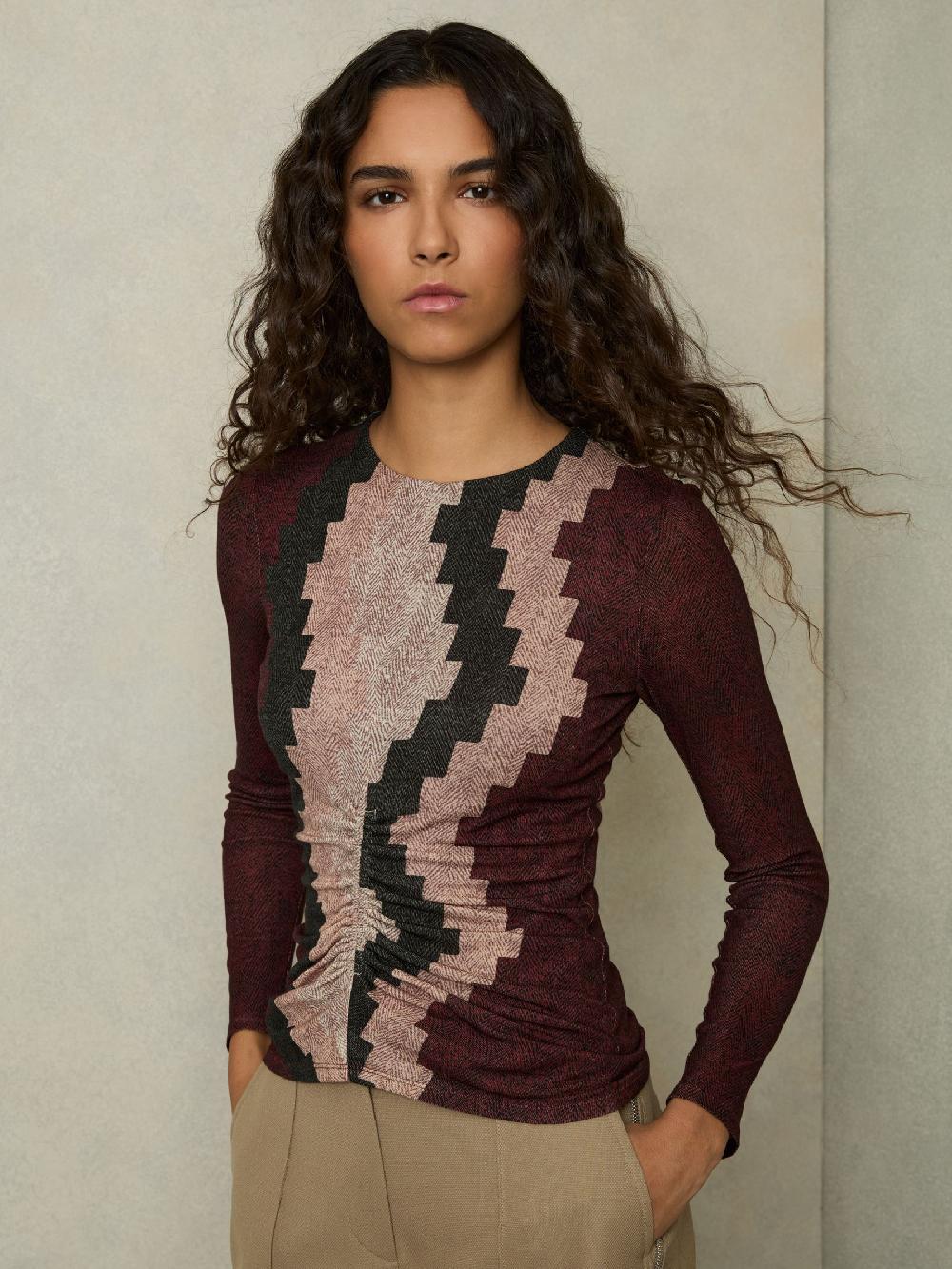 Reiss Printed Ruched Top With Wool In Burgundy