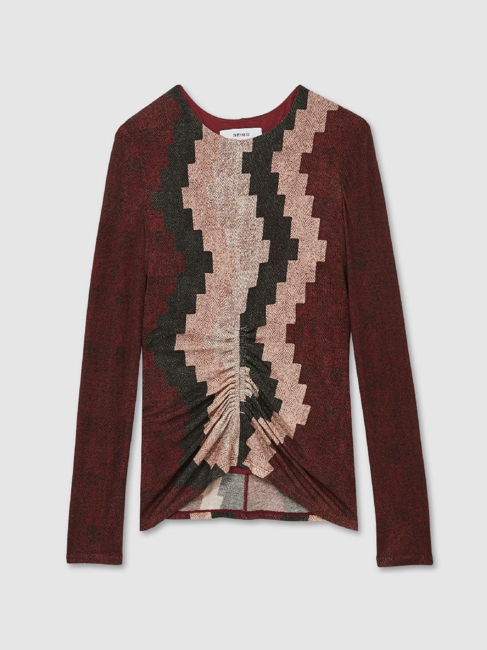 Reiss Printed Ruched Top With Wool In Burgundy