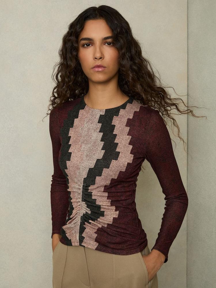reiss Printed Ruched Top With Wool in Burgundy