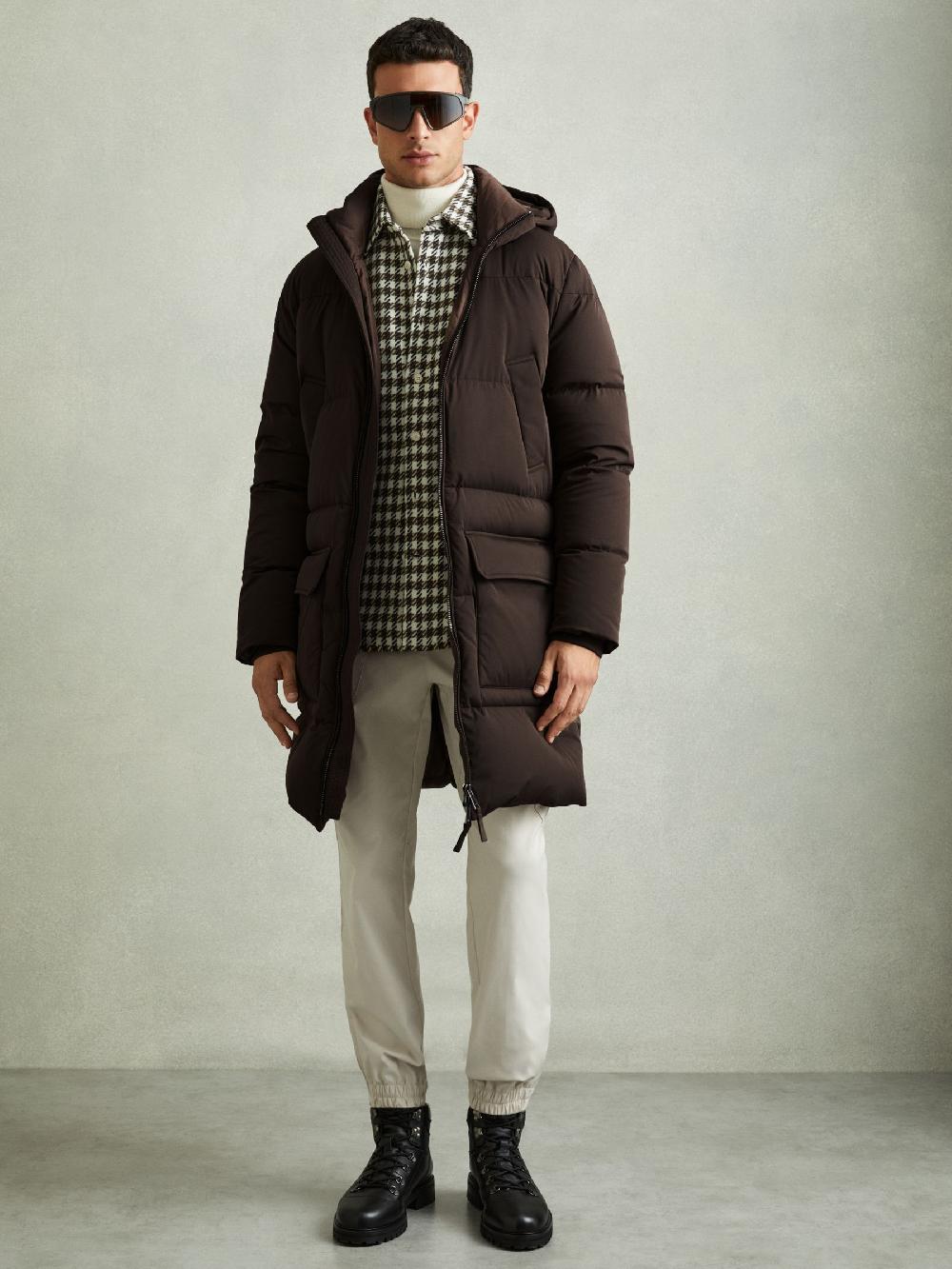 Reiss Quilted Hooded Puffer Coat In Brown