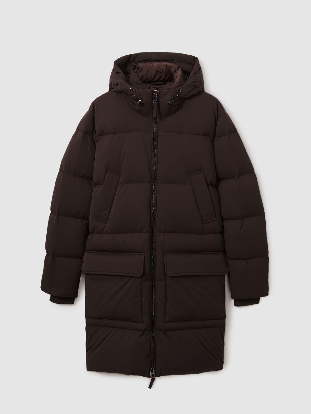Reiss Quilted Hooded Puffer Coat In Brown