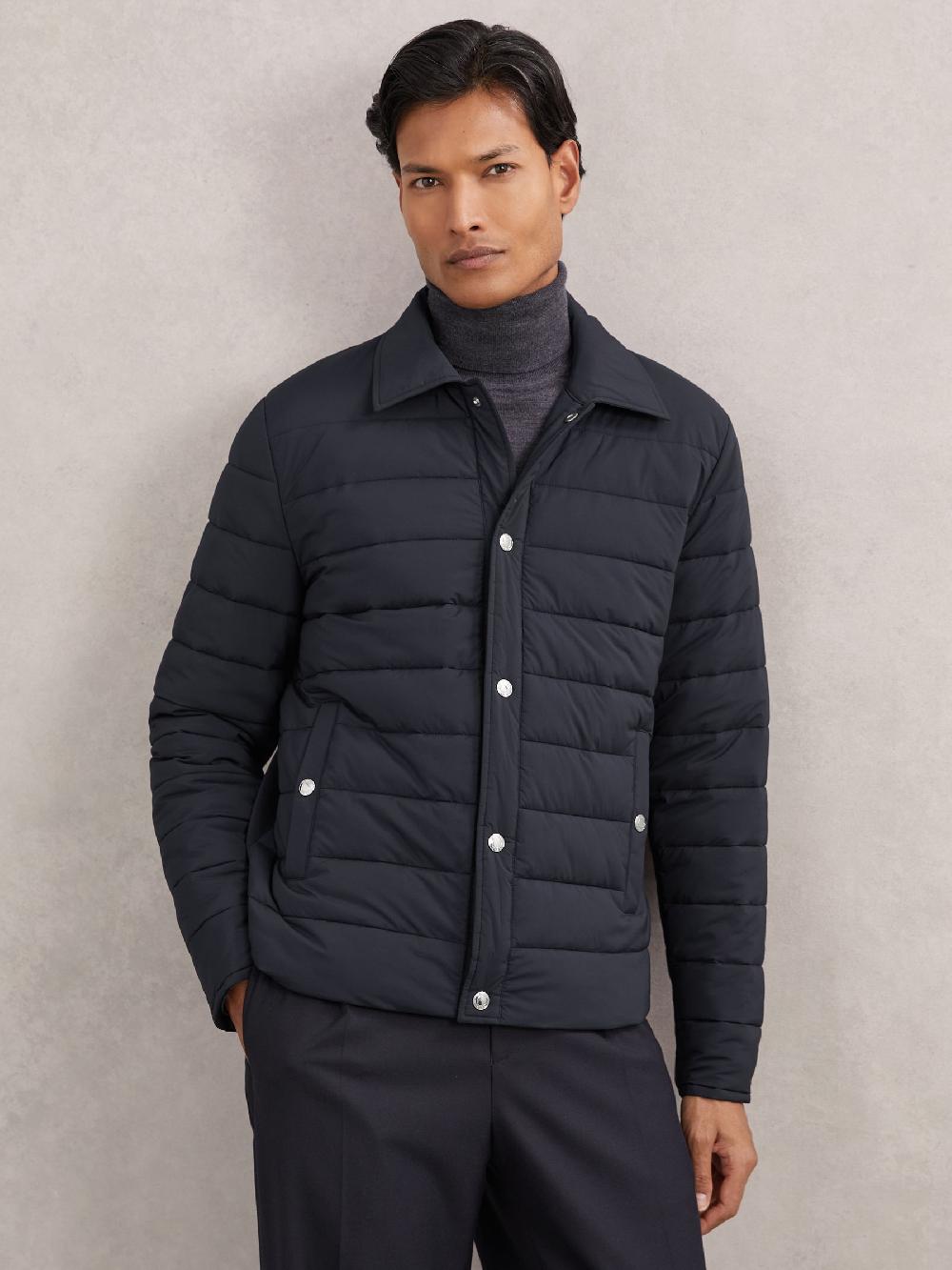 Reiss Quilted Hybrid Press-Stud Jacket In Navy