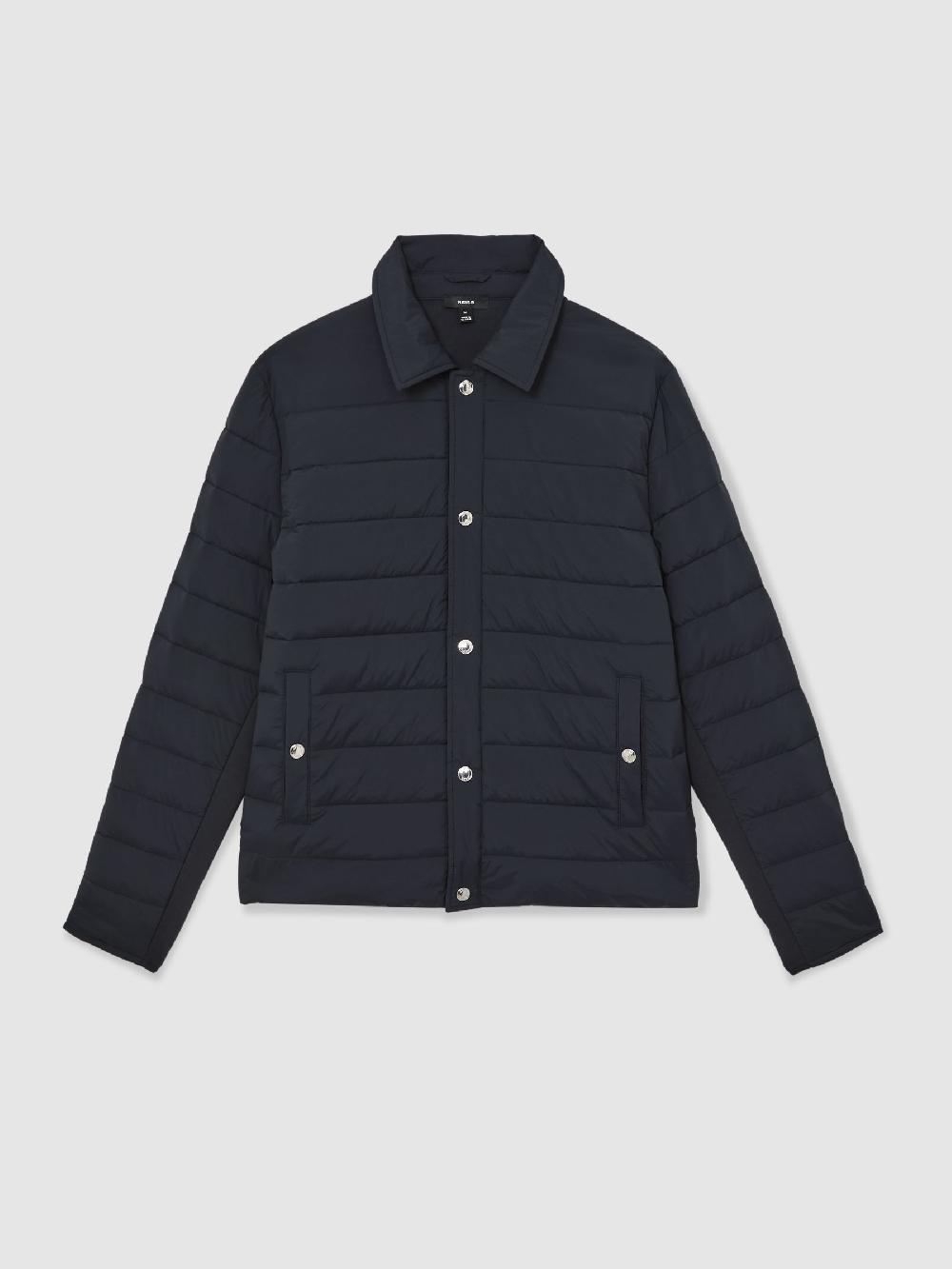 Reiss Quilted Hybrid Press-Stud Jacket In Navy