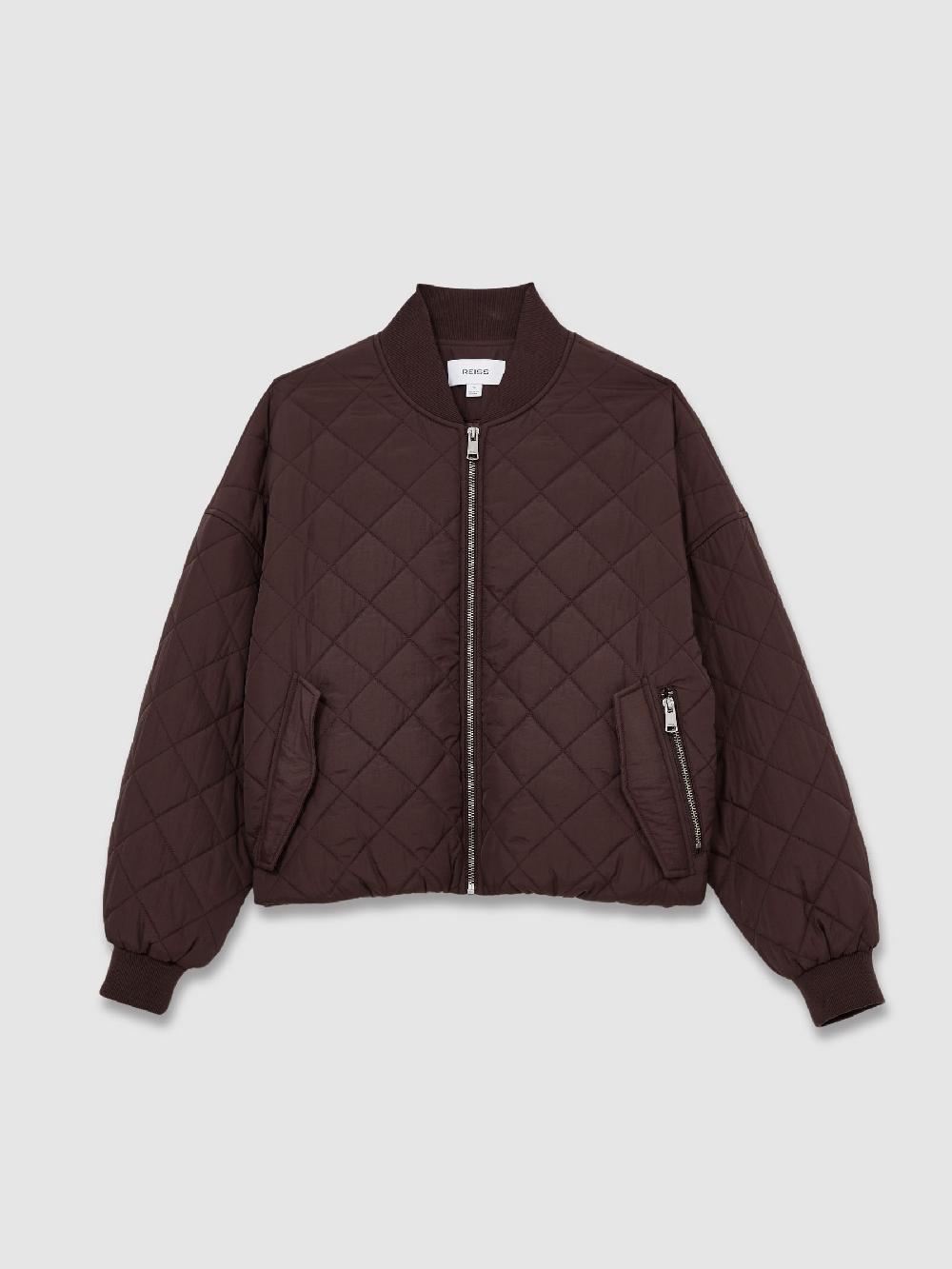 Reiss Quilted Printed Bomber Jacket In Burgundy