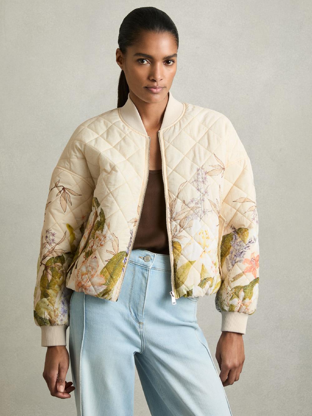 Reiss Quilted Printed Bomber Jacket In Pink Print