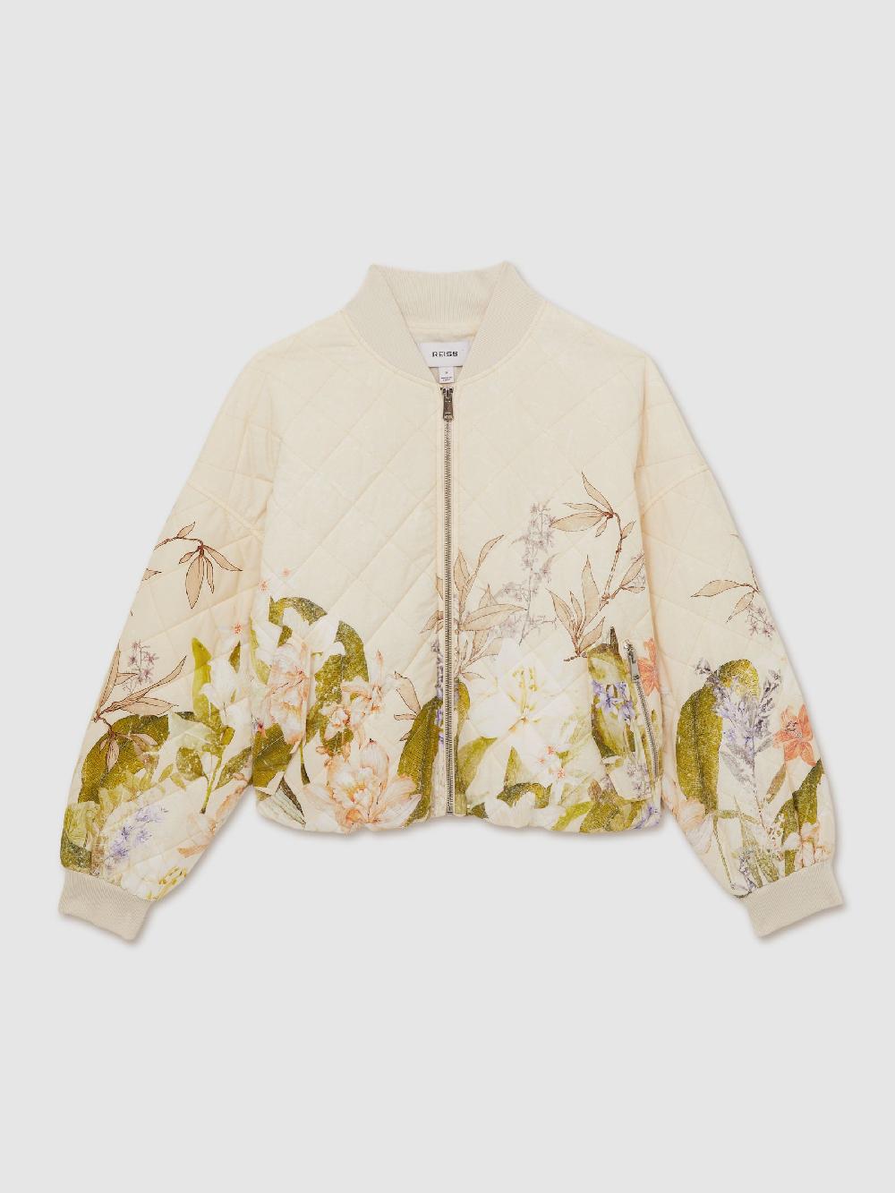 Reiss Quilted Printed Bomber Jacket In Pink Print